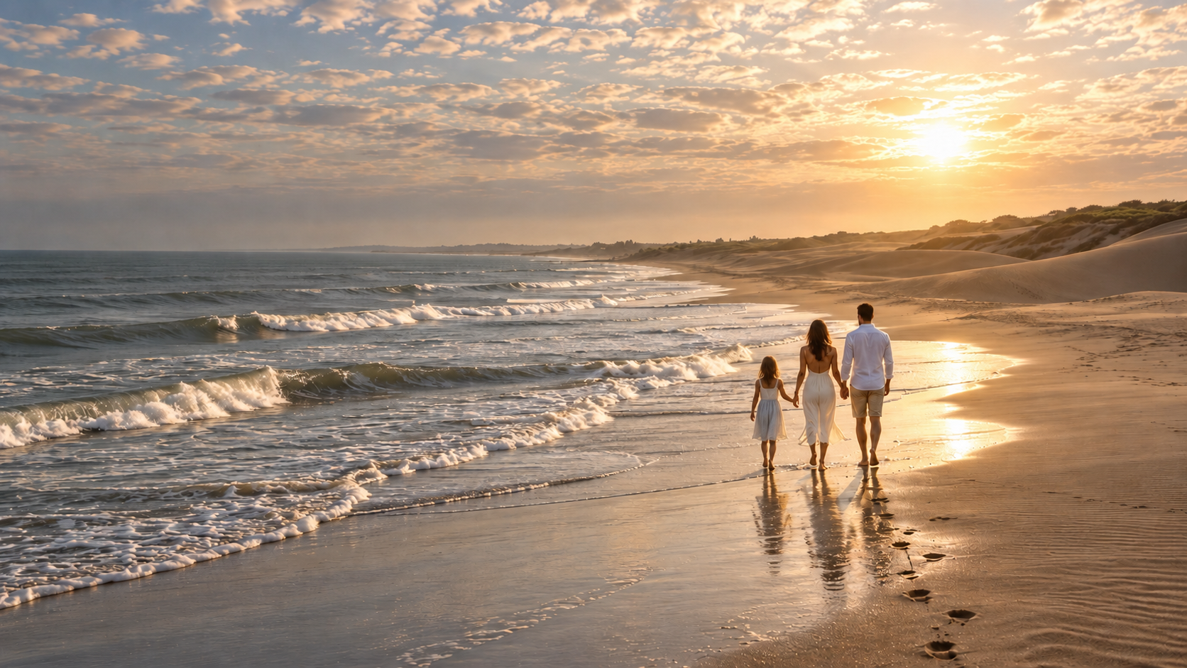 Pareja caminando junto al mar y las dunas de Chachalacas al atardecer